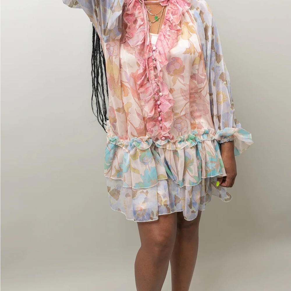 Beulah Floral Ruffle Mini Dress - Pink and Blue